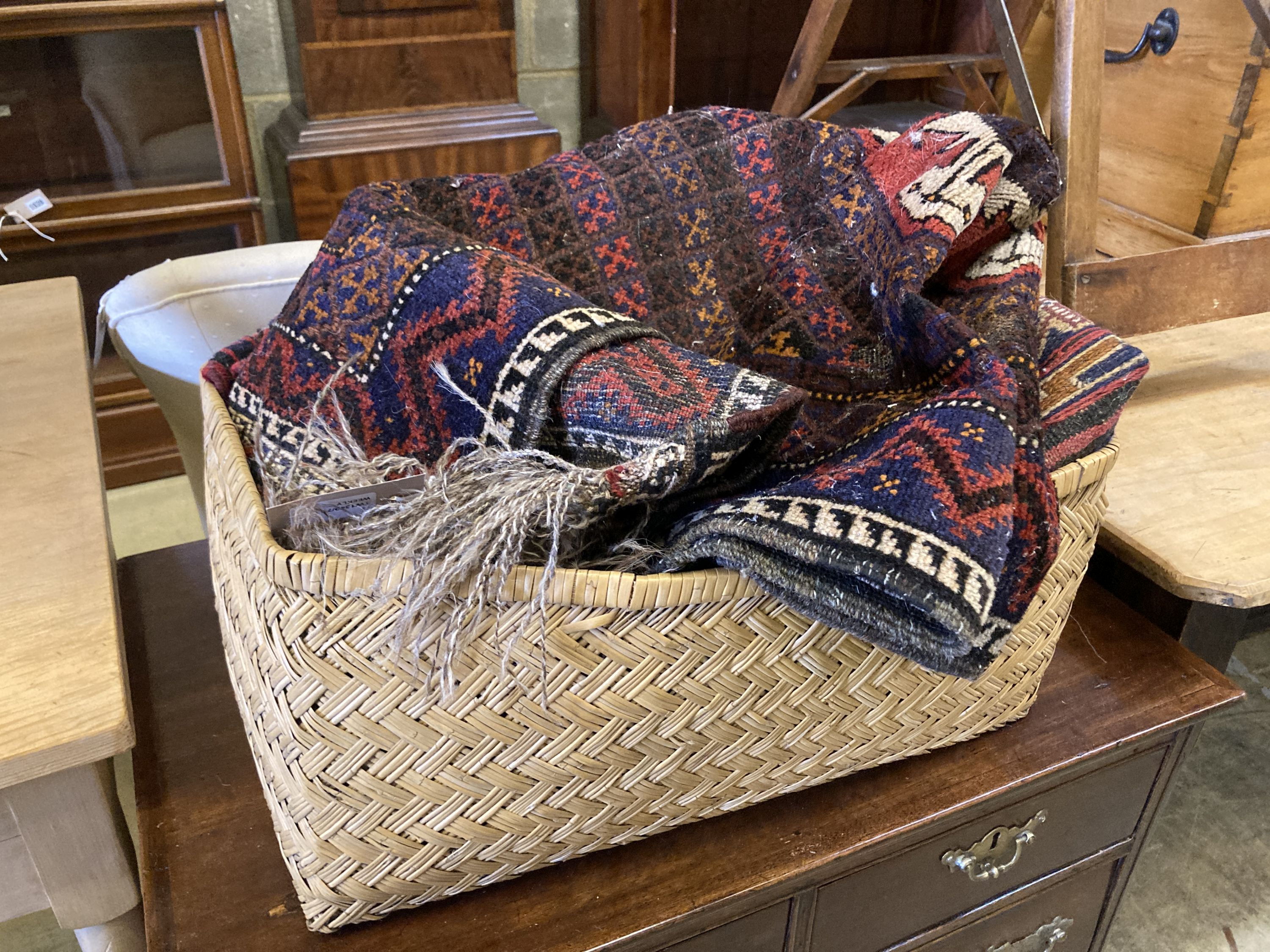 Two small Belouchi red ground rugs and two Kilim style rugs, 112 x 92.5cm and similar